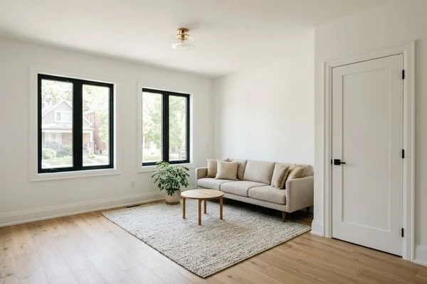 After: the same living room with oak floor and new window