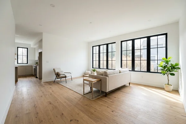 Multiplex unit living room with wide-plank oak floor