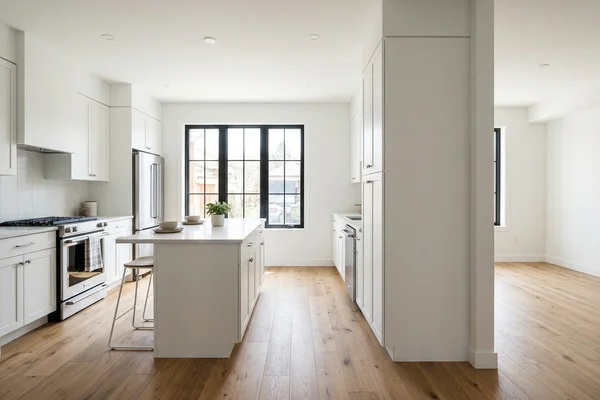Two-bedroom fourplex unit kitchen with white cabinets and oak floor