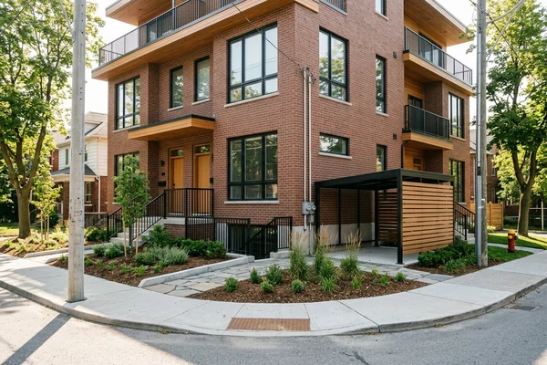 Corner-lot sixplex with entrances on two streets