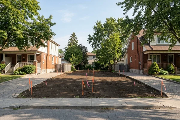 Etobicoke lot with survey stakes before construction