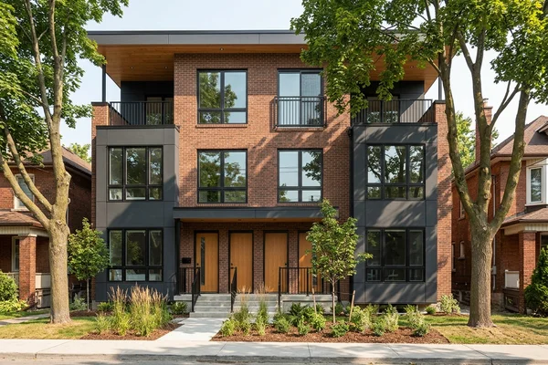Sixplex facade with triple-glazed casement windows and non-combustible cladding