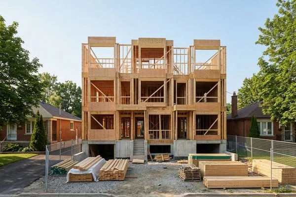 Etobicoke fourplex framing with separate entrances
