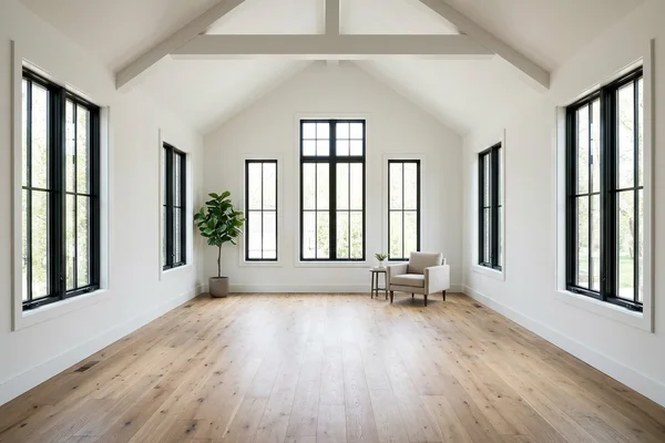 Finished addition unit interior with vaulted ceiling and oak floor