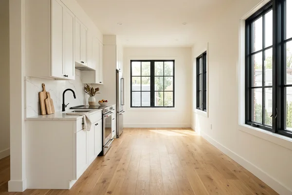Finished multiplex kitchen with white cabinets and oak floor