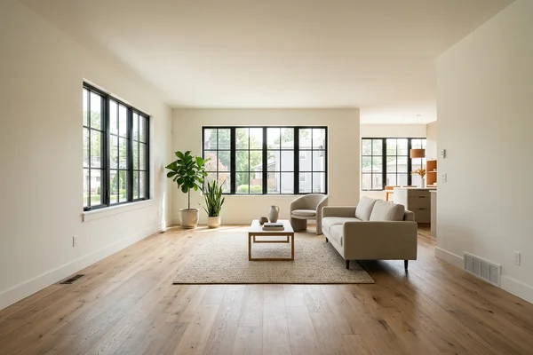 Finished multiplex unit living room with wide-plank oak floor and casement windows