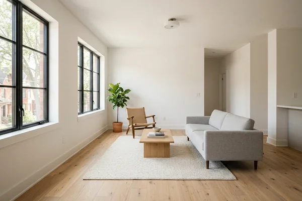 Finished two-bedroom unit living room in the Leslieville fourplex