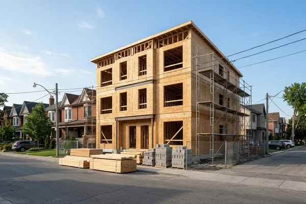 Framed three-storey multiplex with sheathing complete on a Toronto street