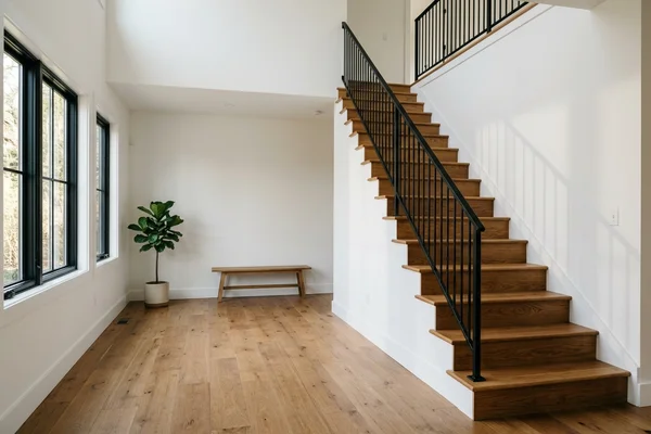 Oak staircase with white risers serving upper fourplex units