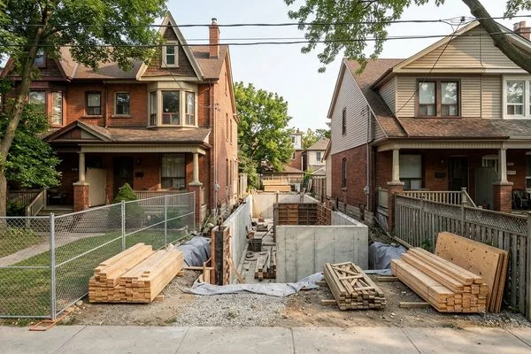 Foundation walls poured on the narrow Leslieville lot