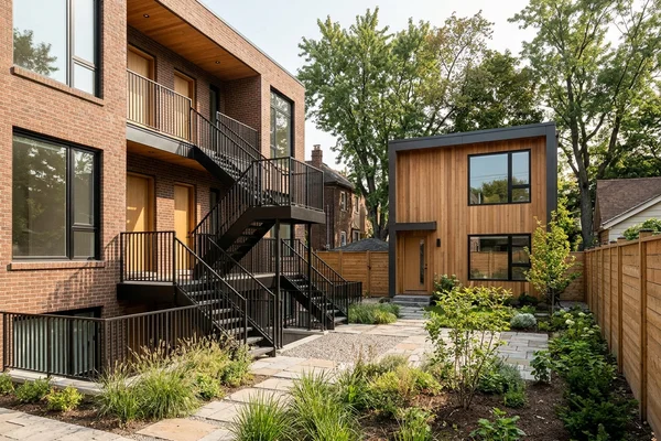 Garden suite with cedar cladding behind a fourplex