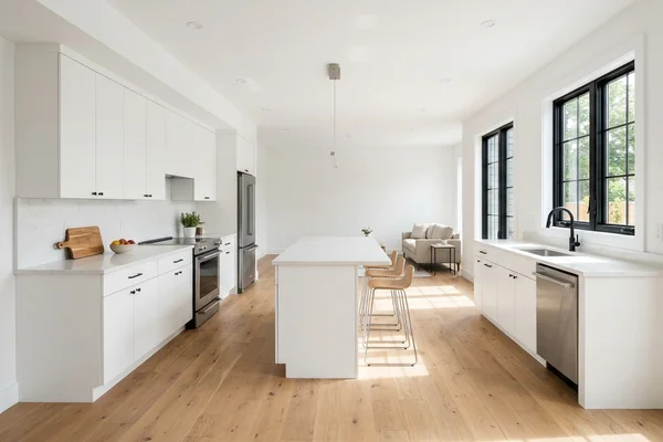 Multiplex kitchen with white cabinets and oak floor