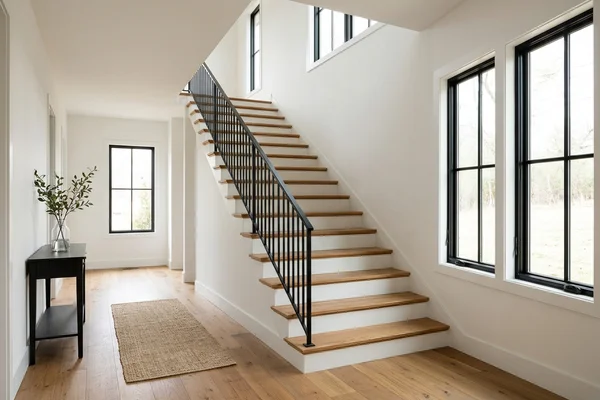 Oak staircase with white risers and black railing