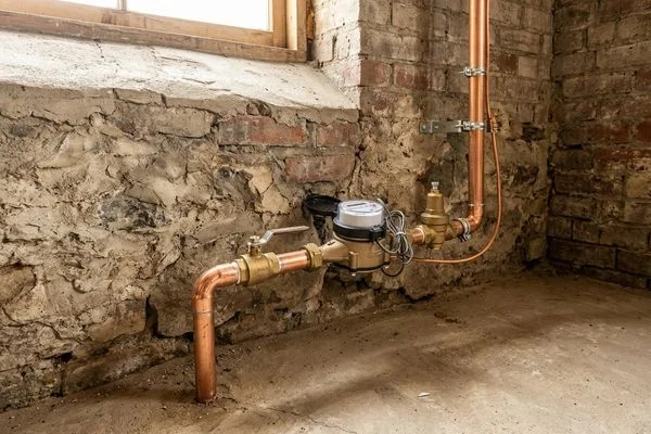 Existing water service entry in a basement utility room