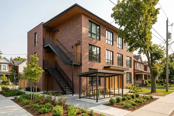 Sixplex side elevation with second exit stair and bike storage
