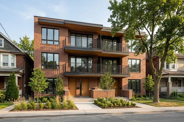 Stacked fourplex exterior with two levels of balconies