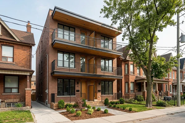 Stacked triplex with three balconies on a narrow lot