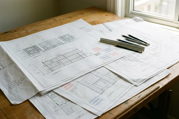 Stamped fourplex permit drawings on a drafting table