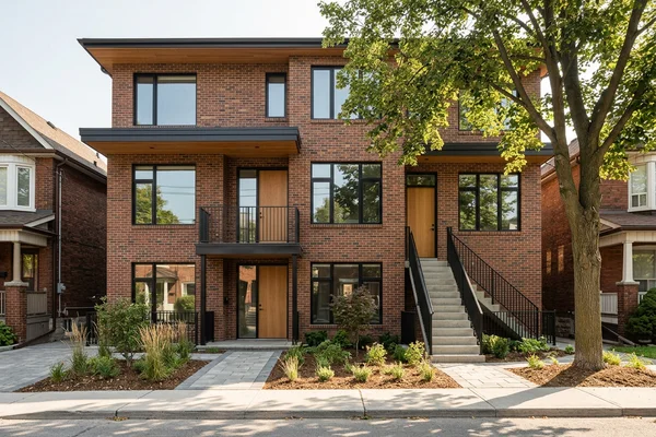 Triplex front elevation with three separate entrances