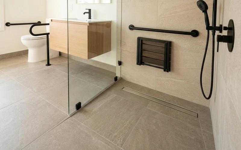 Accessible bathroom with curbless shower and grab bars