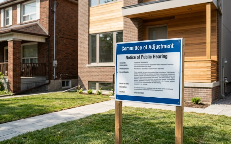 Neighbour notice sign for a Committee of Adjustment minor variance posted on a Toronto residential lot