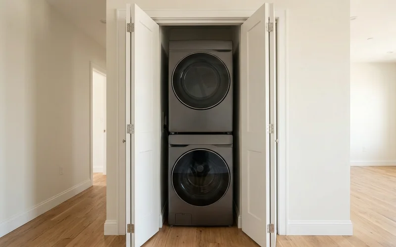 Compact in-unit laundry closet with stacked washer and dryer