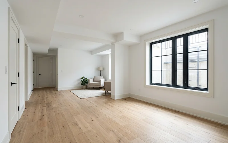 Converted house basement unit with new egress window and oak floor