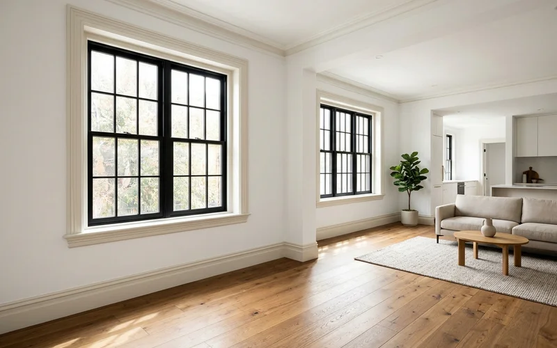 Converted Victorian interior unit with original window casing and new oak floor