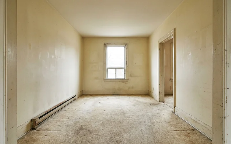 Dated main-floor living room with worn carpet before conversion