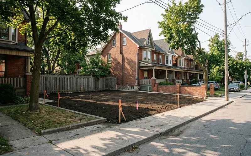 Empty infill lot with survey stakes on a Toronto street