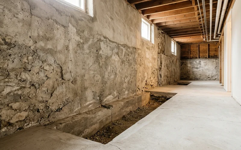 Exposed basement foundation wall and footing inspection pit