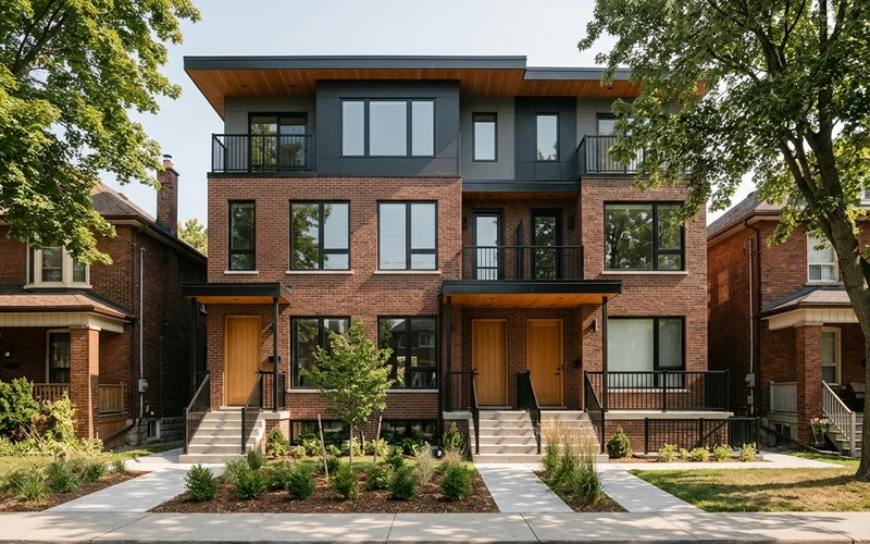 Finished modern fourplex front elevation with four separate entrances