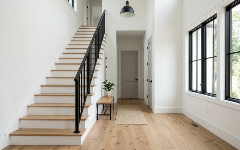 Finished multiplex entry hall with oak staircase and matte black railing