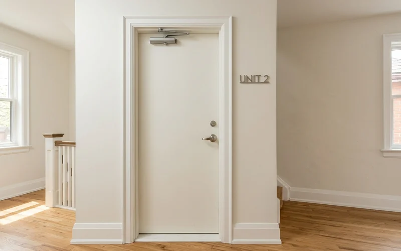 Finished unit entry with a solid self-closing fire door