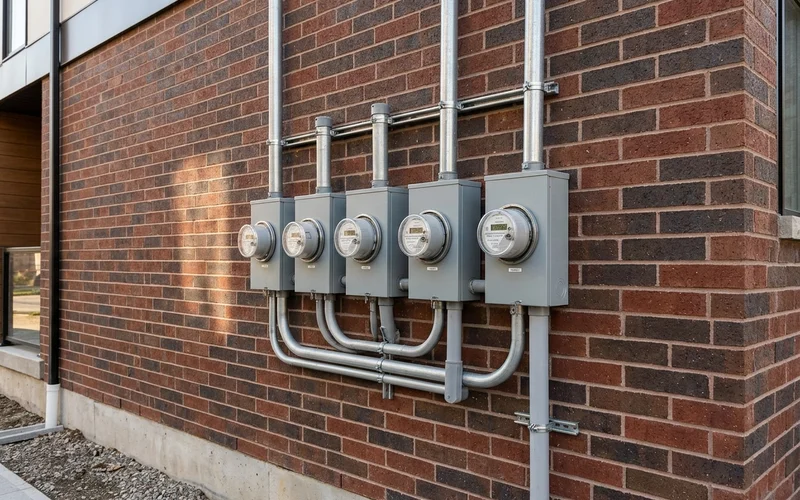 Four separate hydro meters on the side wall of a new fourplex