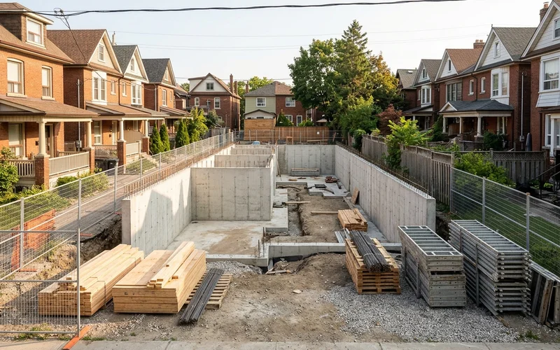 Fourplex at foundation stage with poured concrete walls