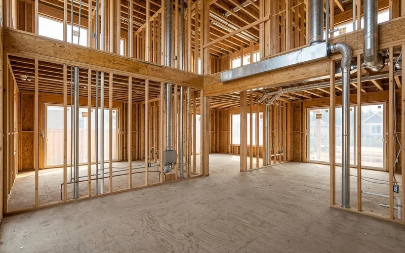 Framed fourplex interior with MEP rough-in and HRV ductwork visible