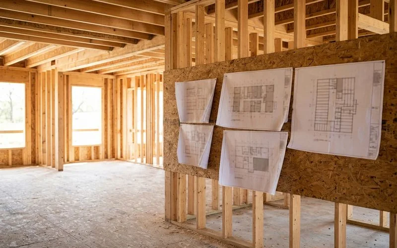 Project manager walkthrough area inside a framed multiplex with drawings pinned to a temporary wall