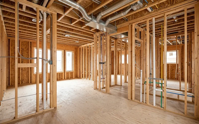 Framed Toronto fourplex interior with mechanical rough-in and HRV ductwork visible before drywall