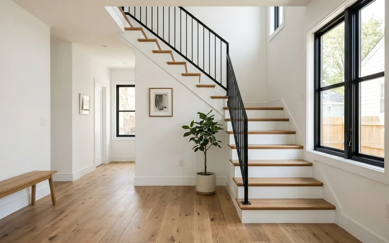 Interior oak staircase with white risers serving upper fourplex units