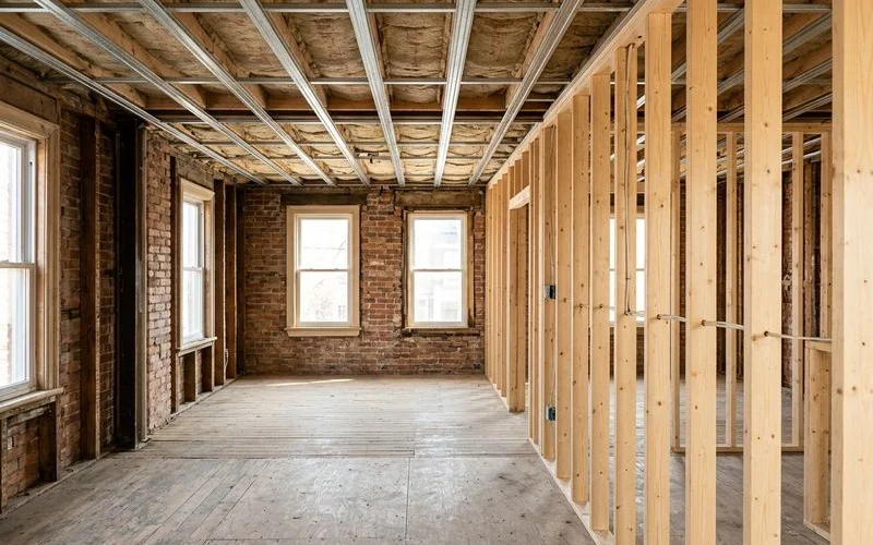 Interior of a Toronto house mid-conversion with new unit separation wall framing and resilient channel ceiling