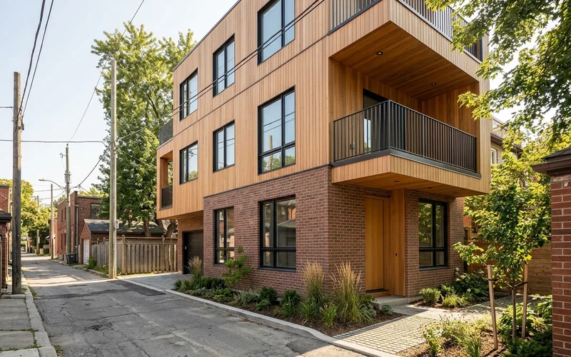 Laneway suite facing a Toronto public lane with cedar cladding
