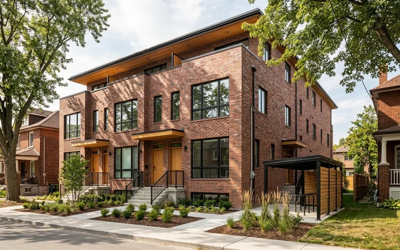 Larger sixplex building with separate entries and bike storage