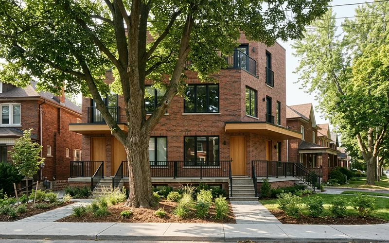 Mature city tree in the front yard of an infill lot beside a new multiplex