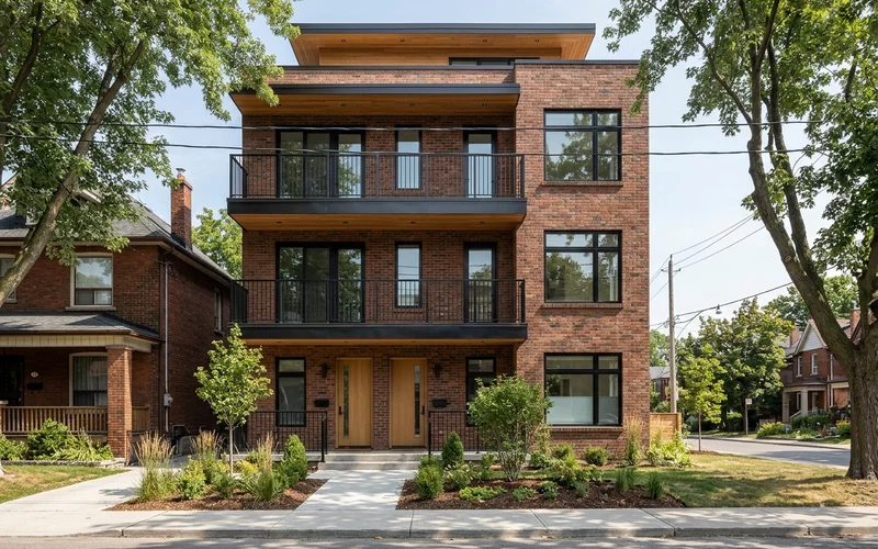 Modern triplex exterior with three stacked balconies