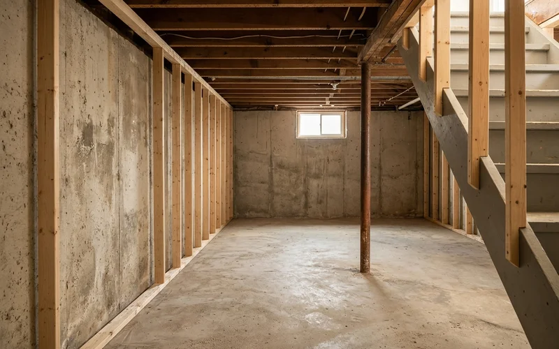 Multiplex basement unit before finishing with exposed concrete and framing