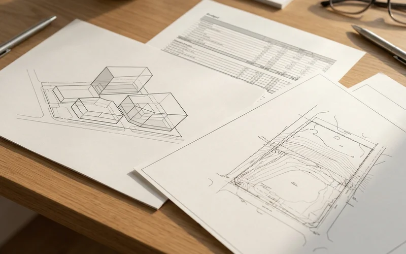 Feasibility report pages with a zoning envelope diagram and budget table on a desk beside a site survey