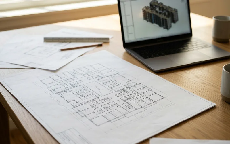 Multiplex floor plan drawings with unit layouts and stair cores laid on a desk beside a laptop showing a 3D model