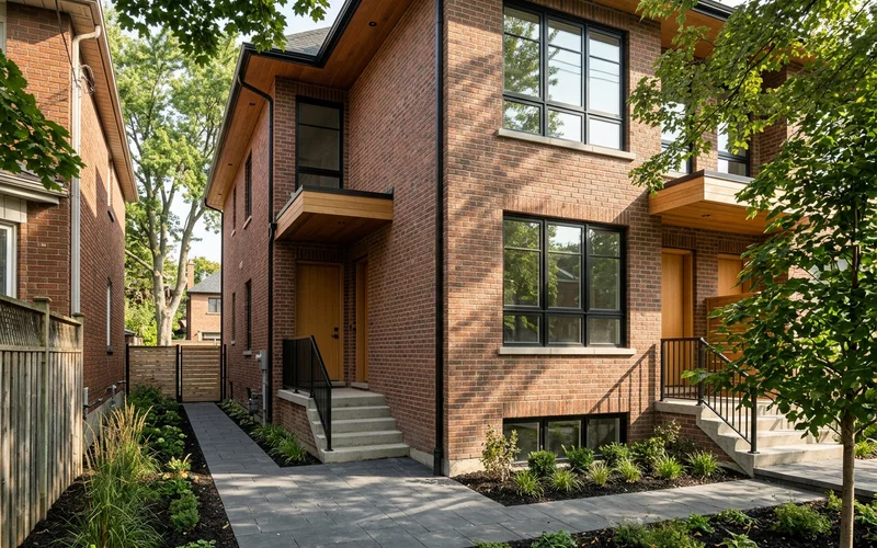 Narrow side yard walkway beside a new fourplex with a separate side entrance