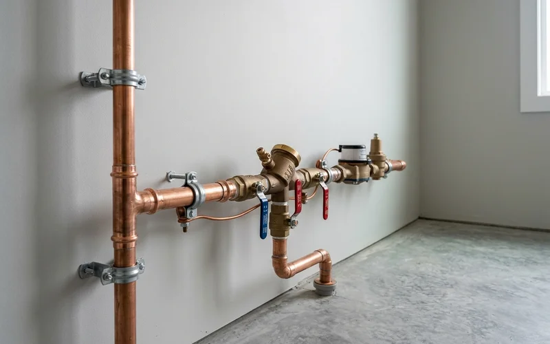 New copper water service line and backflow preventer in a utility room